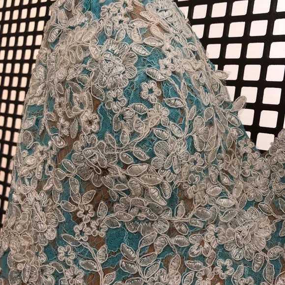 Jovani Evening Gown Turquoise/White w/ Nude Under - Picture 3 of 8
